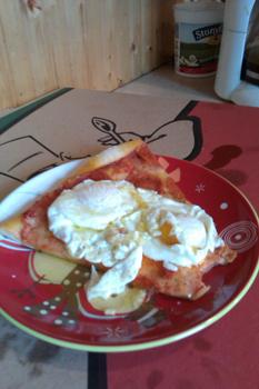 Breakfast? Lunch? Late-night snack?: over easy eggs atop day-old pepperoni pizza Breakfast? Lunch? Late-night snack?: over easy eggs atop day-old pepperoni pizza